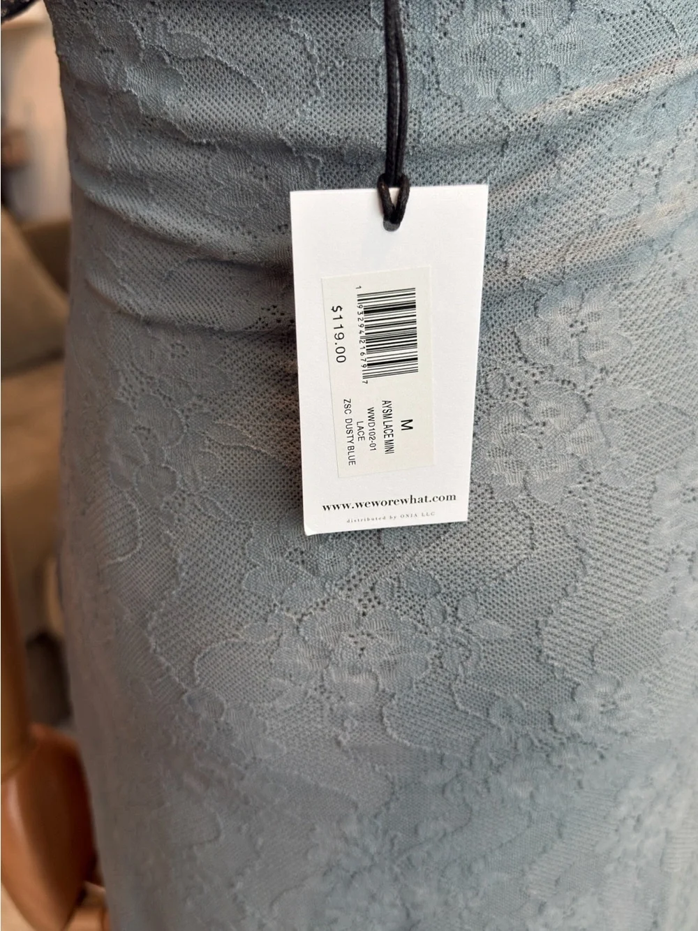 WeWoreWhat Asymmetrical Lace Mini Dress Dusty Blue | Size M - Picture 10 of 13